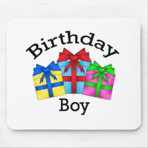 Birthday boy in black with presents mouse pads