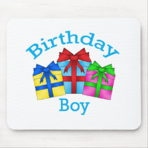 Birthday boy in blue with presents mouse pad