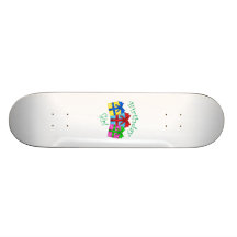 Birthday girl in green with presents skate board deck