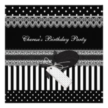 Birthday Party Black White Polka Dots Stripes Personalized Invitations