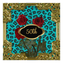 Birthday Party Leopard Teal 5 Personalized Announcements
