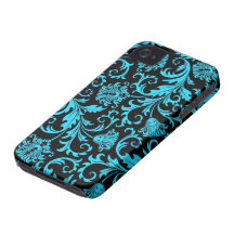 Black And Blue Vintage Floral Damasks Pattern iPhone 4 Case