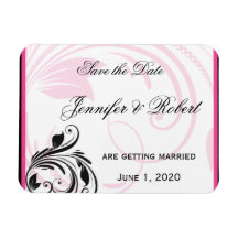 Black and Dark Pink Floral Scroll Save the Date Flexible Magnet