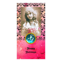 BLACK AND PINK DAMASK Blue Aquamarine Monogram Personalised Photo Card