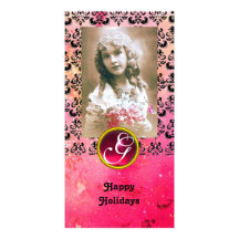 BLACK AND PINK DAMASK Red Ruby Monogram Photo Card