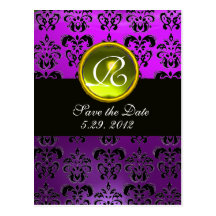 BLACK AND PURPLE DAMASK  YELLOW TOPAZ Monogram Post Cards