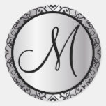 Black and Silver Damask Trim Wedding Seal Round Stickers