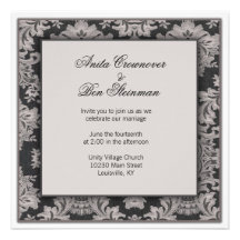 Black and silver damask Wedding Floral Invitation