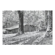 Black and White Backlit Rural Snow Scene Photographic Print