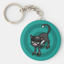 Black and white cat on Rollerskates Keychain