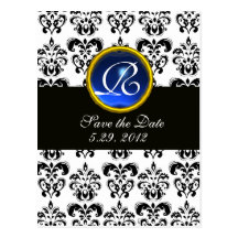 BLACK AND WHITE DAMASK BLUE SAPPHIRE MONOGRAM POSTCARDS