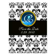 BLACK AND WHITE DAMASK BLUE SAPPHIRE MONOGRAM POSTCARDS