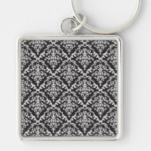 Black and White Damask Floral Keychains