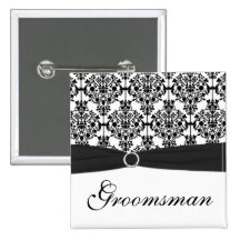 Black and White Damask Groomsman Pin