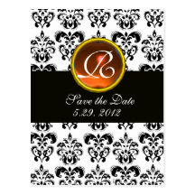 BLACK AND WHITE DAMASK Orange Agate Monogram Post Cards