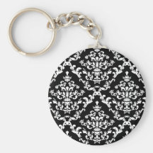 Black and White Damask Pattern Keychain