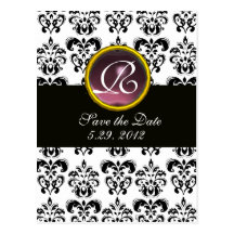 BLACK AND WHITE DAMASK Pink  Amethyst Monogram Post Cards