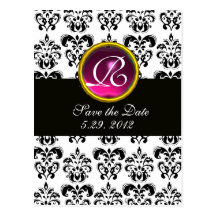 BLACK AND WHITE DAMASK Pink  Amethyst Monogram Post Cards