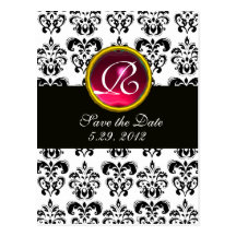 BLACK AND WHITE DAMASK Pink Red Ruby Monogram Post Card