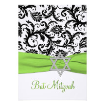 Black and White Damask with Lime Faux Ribbon Personalised Announcement