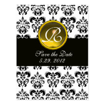 BLACK AND WHITE DAMASK YELLOW TOPAZ  MONOGRAM POST CARD