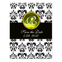 BLACK AND WHITE DAMASK YELLOW TOPAZ  MONOGRAM POSTCARD
