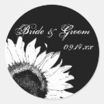 Black and White Sunflower Wedding Envelope Seals Round Sticker