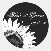 Black and White Sunflower Wedding Envelope Seals Round Sticker