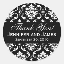 Black and White Wedding Damask Thank You Label Sticker