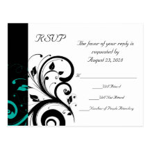Black and White with Teal Reverse Swirl RSVP Post Card