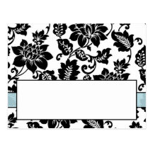 Black/Blue Floral Damask Wedding Place Card Postcard