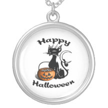 Black Cat Happy Halloween Personalized Necklace