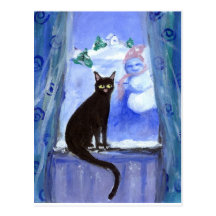 Black cat in window post cards