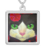 Black Cat Tuxedo Feline Painting Necklace