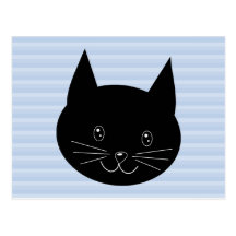 Black Cat, with pale blue stripe background. Postcard