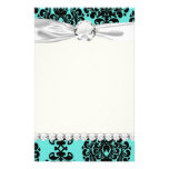 black damask elegance on aqua aquamarine blue customized stationery