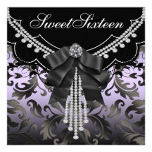 Black Damask Purple Sweet Sixteen Party Personalized Invitations
