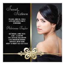Black Gold Butterfly Photo Sweet Sixteen Birthday Invitations