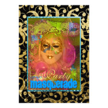 Black gold "masquerade party" venetian carnival custom invites