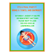 Black Haired Boy Pool Birthday Invitation