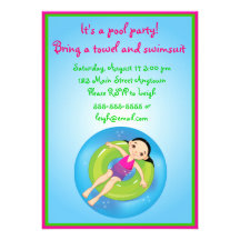 Black Haired Girl Pool Party Birthday Invitation