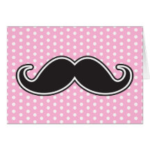 Black handlebar moustache on girly pink polka dots card