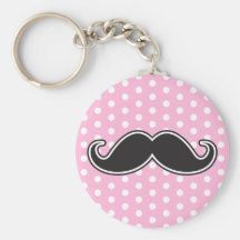 Black handlebar moustache on girly pink polka dots keychains