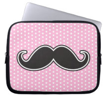 Black handlebar moustache on girly pink polka dots laptop computer sleeves