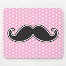 Black handlebar moustache on girly pink polka dots mouse pads