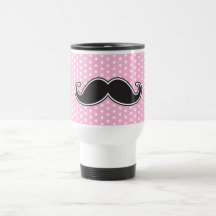 Black handlebar moustache on girly pink polka dots mug