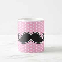 Black handlebar moustache on girly pink polka dots mug