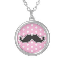 Black handlebar moustache on girly pink polka dots necklace