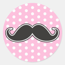 Black handlebar moustache on girly pink polka dots round sticker