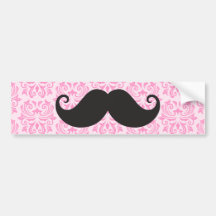 Black handlebar moustache on pink damask pattern bumper stickers